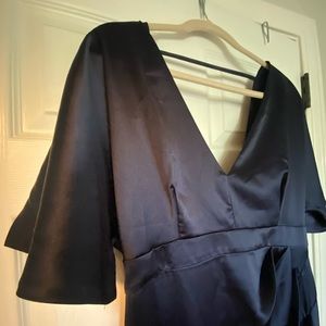 Navy blue satin flutter sleeve dress